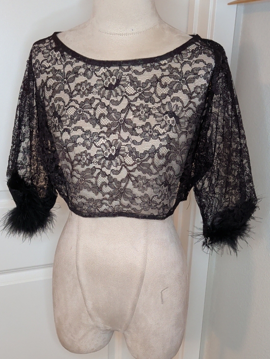 Vintage Tops - Vintage 60s Black Lace Top Feather Boa Sleeves Elegant Formal